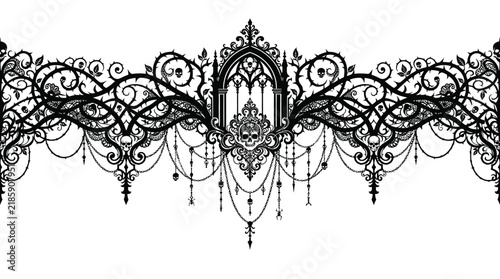 Halloween top decorative border Gothic lace border vector, ornate black filigree trim with skull and cathedral arch, victorian damask pattern for dark wedding decor isolated on White Background