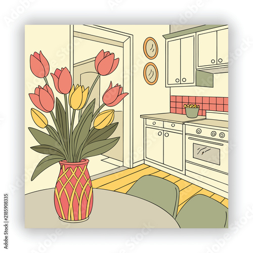 Modern Kitchen Interior with Flower Pot Flat Design Vector Illustration