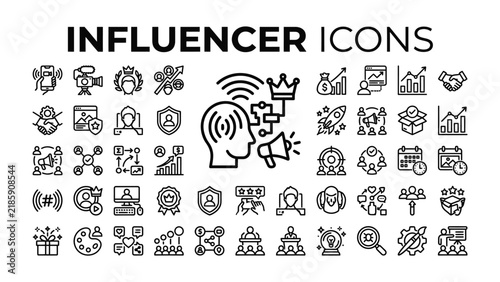 Influencer Icon Set: A comprehensive collection of outline icons representing various aspects of influencer marketing and social media engagement, including audience reach, content creation.