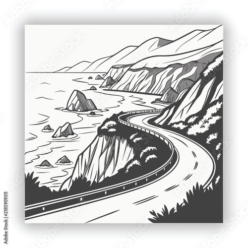 Coastal Road Along Cliff Ink Sketch Landscape Vector Illustration