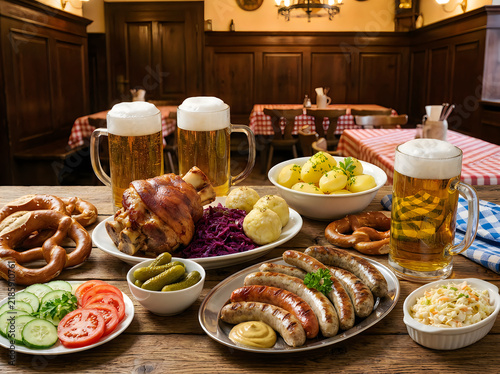 Traditional german food with beer on a wooden table