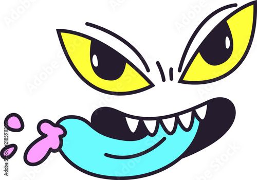 Obraz na plátne Cartoon monster face showing glowing angry eyes and a drooling tongue with sharp