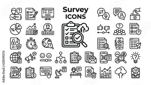 Survey Icons Collection: A comprehensive set of line art icons representing various aspects of surveys, market research, and data analysis, perfect for business and technology themes.