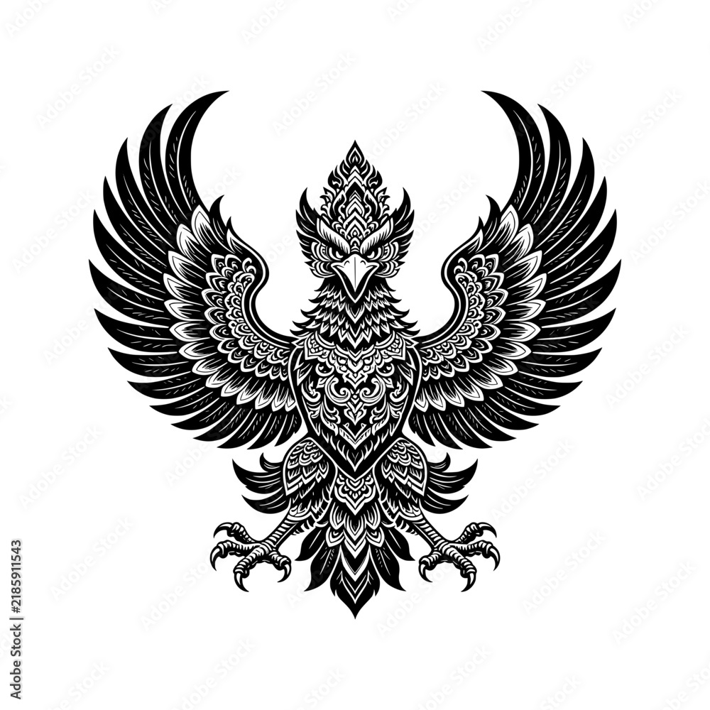 Fototapeta premium Southeast Asian-inspired mythical guardian bird vector featuring elaborate ornamental feathers and powerful symbolism of courage, protection and victory.