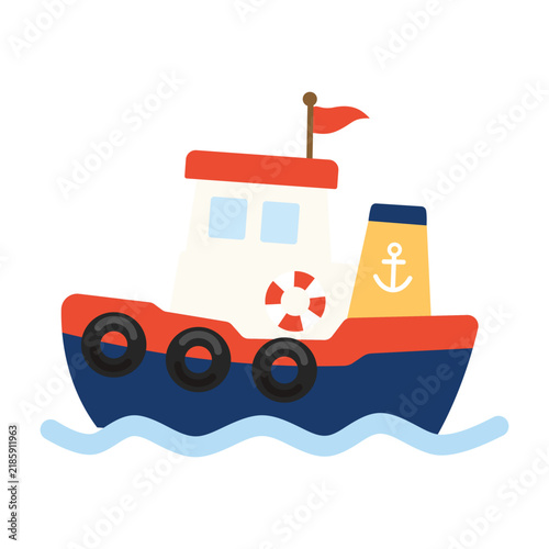 Cute Tugboat Boat Vector Illustration with Anchor and Lifebuoy Detail