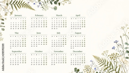 2027 botanical calendar in green tones with twelve monthly grids, delicate fern leaves, eucalyptus foliage, blue flowers, and spacious cream copy area for planner, stationery, scheduling, and seasonal