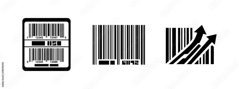 Obraz premium Barcode icons set, product identification symbols, scanner code with growth arrows, logistics and retail technology