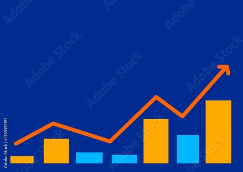 Flat design illustration of a financial growth chart featuring orange and blue ascending bar graphs combined with an upward trending arrow line, symbolizing business success, profit increase, and mark