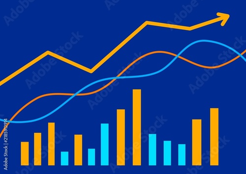 Flat design illustration of a financial growth chart featuring orange and blue ascending bar graphs combined with an upward trending arrow line, symbolizing business success, profit increase, and mark
