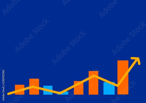 Flat design illustration of a financial growth chart featuring orange and blue ascending bar graphs combined with an upward trending arrow line, symbolizing business success, profit increase, and mark
