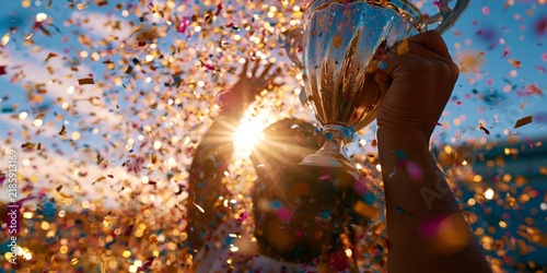 A hand holding a gleaming trophy aloft amidst a shower of colorful confetti, with sunlight bursting through in a celebratory moment of victory and triumph.