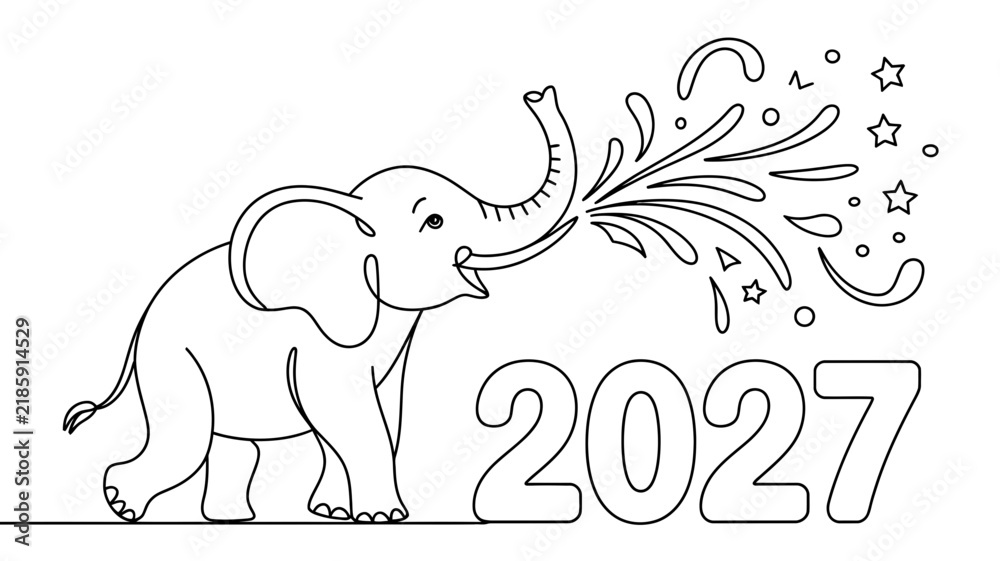 Obraz premium Continuous line drawing of an elephant spraying confetti and stars next to the year 2027 with line art
