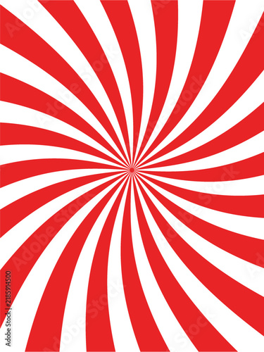 Flat retro sunburst background with red and white swirl rays. Vector abstract comic style minimal banner with clean red and white spiral sunbeams for Christmas or circus poster design