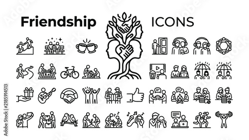 Friendship Icons Collection: A comprehensive set of line art icons illustrating various aspects of friendship and human connection, from shared activities to emotional support.