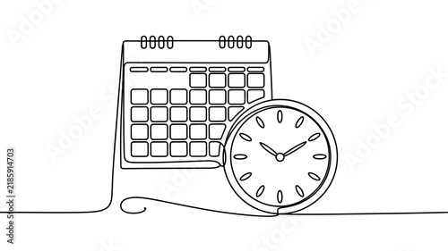 Single continuous line drawing of a wall calendar and a round clock with time management one line business time