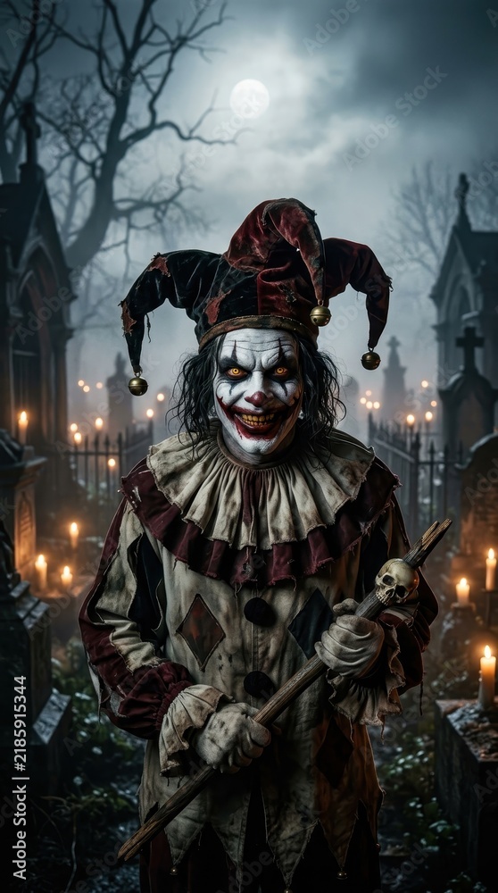 Fototapeta premium Scary Evil Jester Clown in Spooky Graveyard at Night with Full Moon and Candles for Halloween Horror Theme