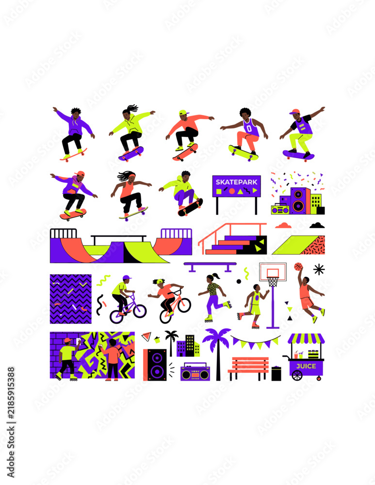Obraz premium Diverse Urban Skatepark Illustration Set Featuring Skateboarders BMX Riders Basketball Players and Street Culture Elements for Commercial Youth Lifestyle Design