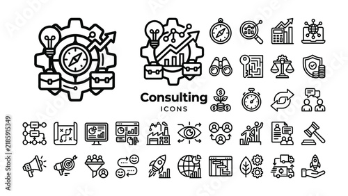 Business Consulting Icons: A comprehensive set of black and white vector icons representing various aspects of business consulting, including strategy, growth, finance, management, and technology.