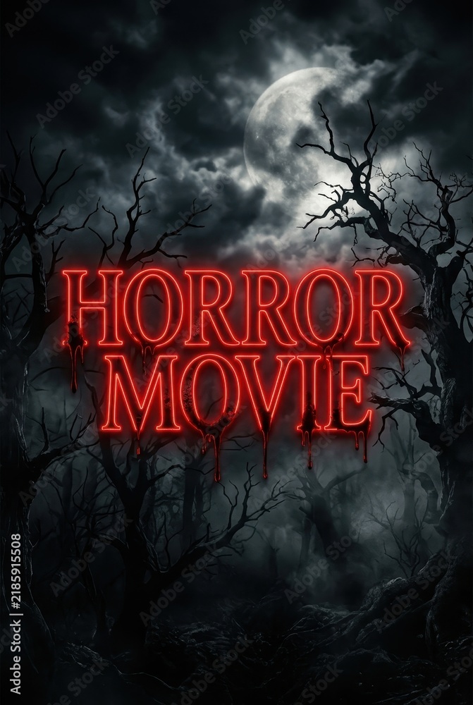 Obraz premium Cinematic Horror Movie Title Design with Bloody Red Text in a Dark Spooky Forest at Night with Full Moon