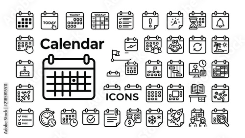 Calendar Icons Set: A collection of simple and modern line art icons representing various calendar functions, planning tools, and time management concepts.