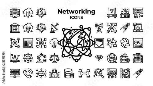 Networking Icons: A comprehensive set of line art icons representing various aspects of computer networking, cloud computing, security, and data management, arranged in a grid format for clarity.