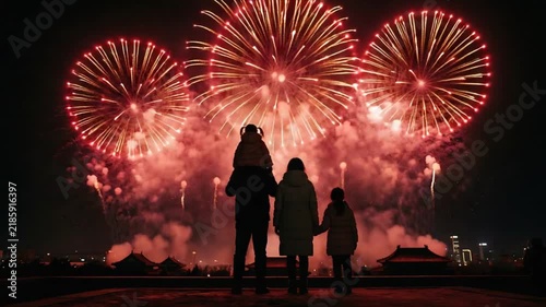 Family Watching Spectacular Fireworks Over Traditional Rooftops at Night