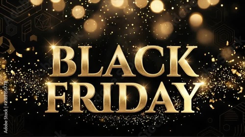 Black Friday gold lettering with shimmering glitter and bokeh lights on dark background. Luxury sale promotion banner with shopping discount event concept.