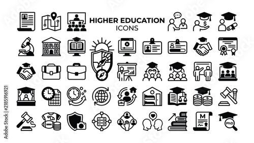 Higher Education Icon Set: A comprehensive collection of line art icons representing various aspects of higher education and academic life, including graduation, research, and administration.