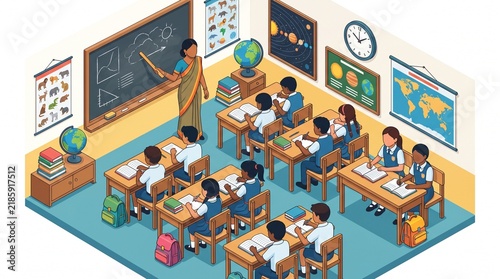 Isometric classroom scene with a teacher explaining lessons to students at their desks, featuring educational posters, a globe, and school supplies in a bright, modern learning environment