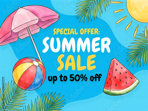 Summer sale special offer banner with beach items