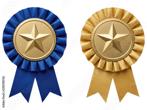 Canvas Print Blue and gold award ribbon rosettes with star centers isolated on transparent ba