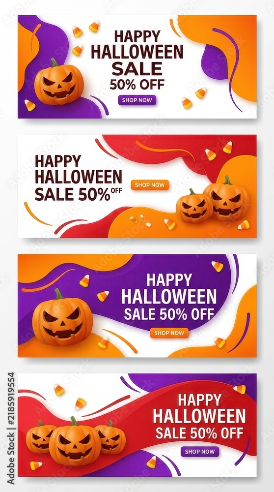 Fototapeta premium Set of Happy Halloween Sale Banners with 3D Pumpkins, Candy Corn, and Abstract Fluid Shapes for E-commerce Marketing