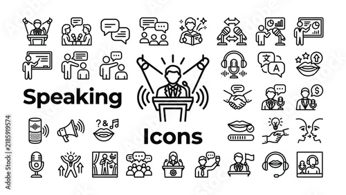 Speech and Communication Icons: A collection of clean, modern line art icons representing various aspects of public speaking, communication, and social interaction.