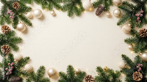 Festive christmas border with fir branches, ornaments, and pine cones on a cream background with copy space
