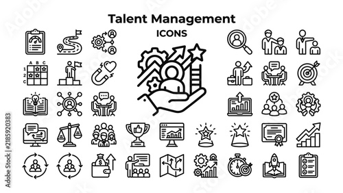Talent Management Icons: A collection of line art icons representing various aspects of talent management, including recruitment, growth, leadership, and teamwork.