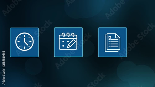 Time management, project scheduling and document planning workflow with digital interface icons.