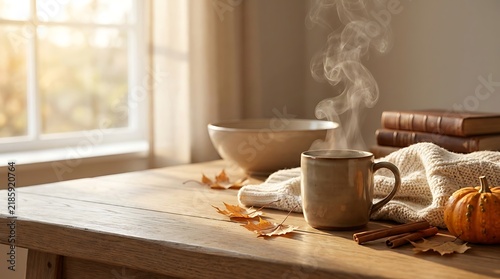 Warm steaming coffee mug with autumn elements on a wooden table, bathed in soft sunlight.