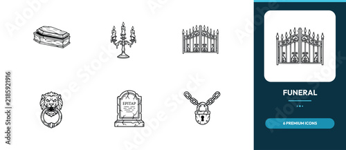 Halloween Funeral Editable Vector Icon Set With Coffin Tombstone Gate And Cemetery Elements