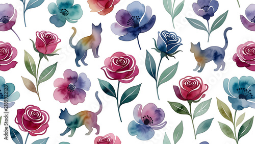 Collage of cats and flowers seamless pattern 