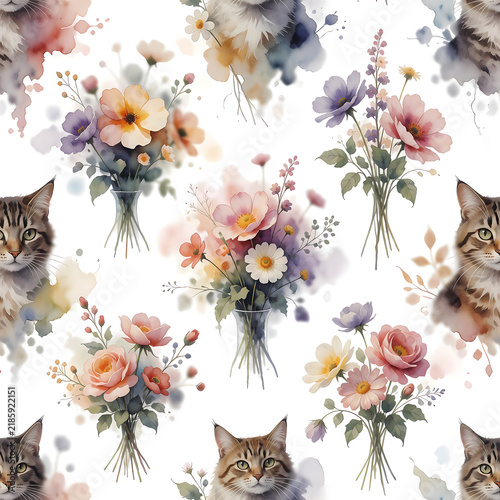 Collage of cats and flowers seamless pattern 