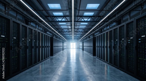 Server room interior and data center hallway. Rows of black server racks under bright LED lights