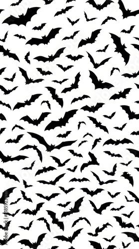 Seamless Halloween Pattern with Black Bat Silhouettes Flying on White Background for Spooky Holiday Design and Decor