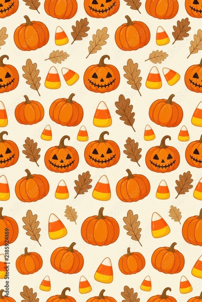Fototapeta premium Seamless Halloween Pattern with Jack-o'-Lanterns, Pumpkins, Candy Corn, and Autumn Leaves for Festive Backgrounds