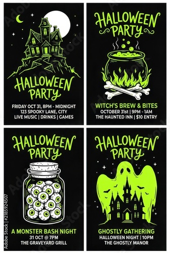 Set of Four Neon Green and Black Halloween Party Invitation Posters with Spooky Illustrations and Event Details
