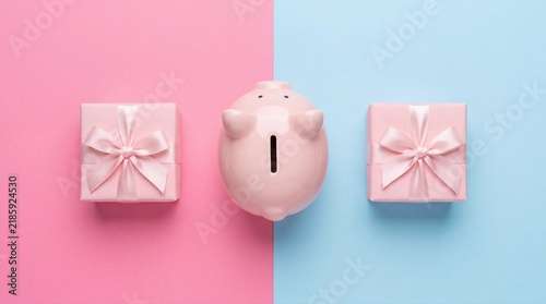 Pink piggy bank between two gift boxes on a split pink and blue background.
