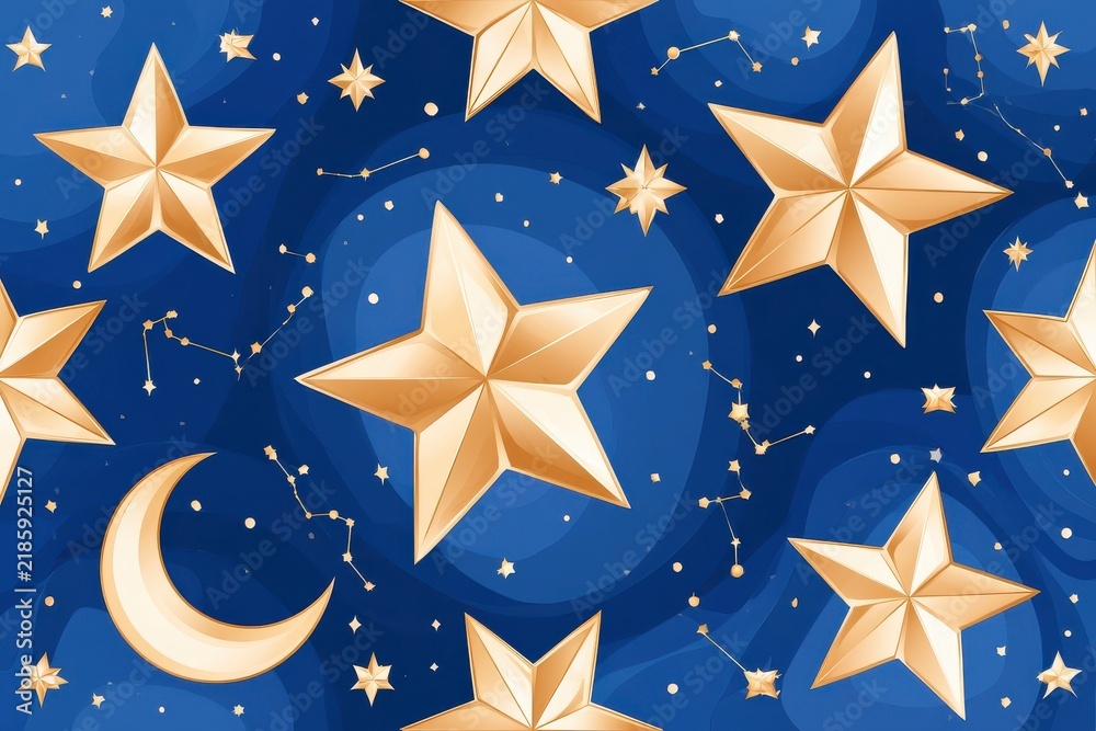 Obraz premium Golden stars and crescent moon on deep blue celestial background with constellation lines