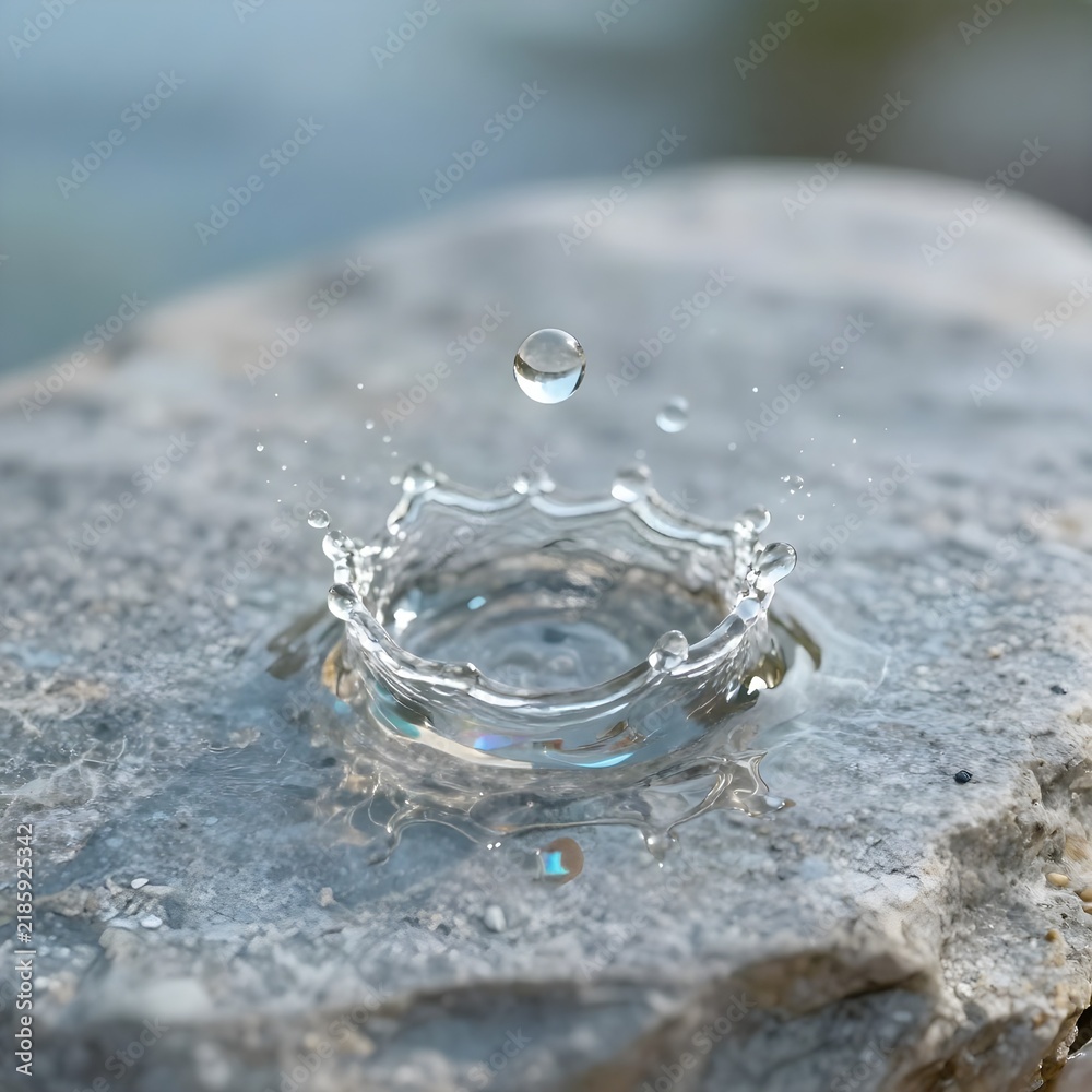 Obraz premium Macro photography of single water droplet splashing on smooth stone surface with crystal clear water creating delicate splash pattern and rainbow refraction