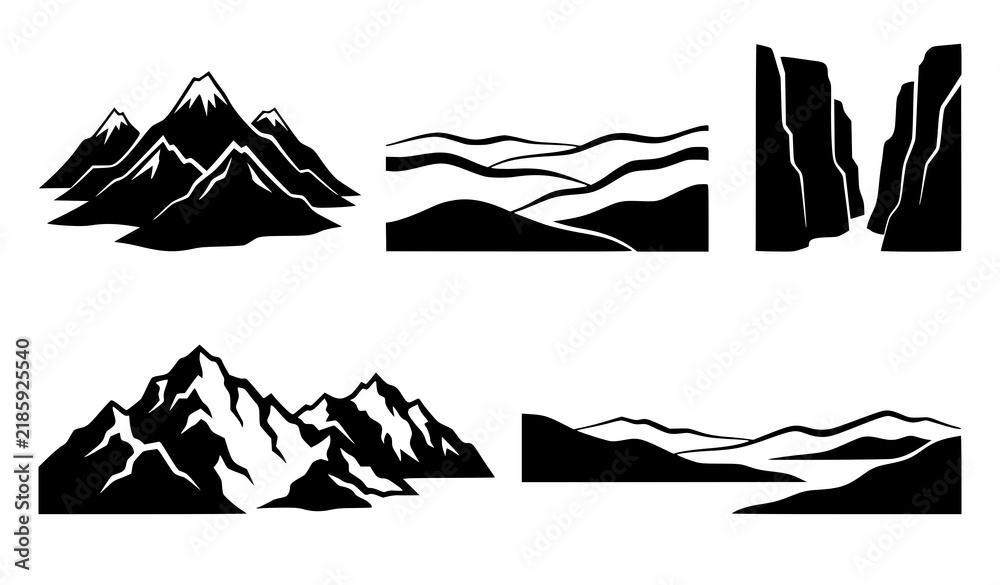 Fototapeta premium Layered Mountain Landscape Black Silhouette Vector Set with Rugged Peaks Hills and Wilderness Scenery
