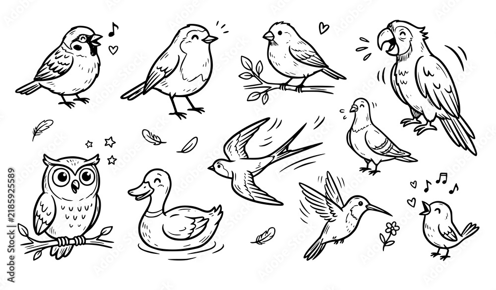Fototapeta premium Cute Hand Drawn Bird Doodle Set with Sparrow Owl Parrot Duck and Hummingbird Vector