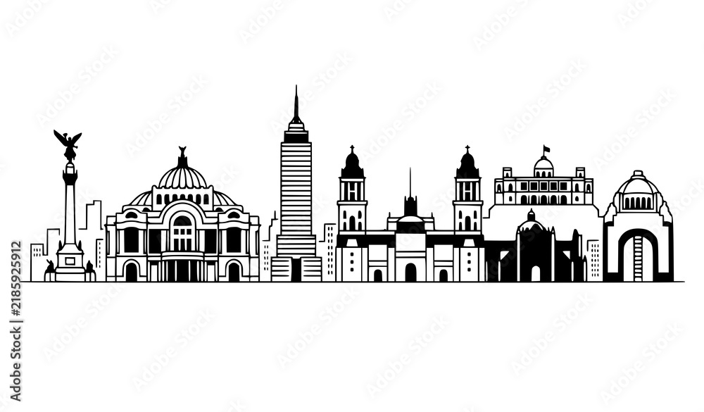 Obraz premium Mexico City Landmark Skyline Black and White Minimalist Vector Illustration